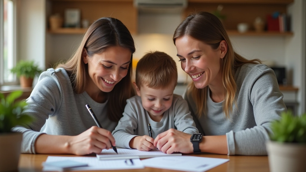 Familie die samen aan de keukentafel zit en hun maandelijkse budget plant met een notitieboek