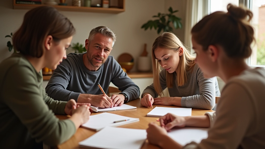 Familie in vriendschappelijke sfeer rond tafel met notitieboekjes en thee