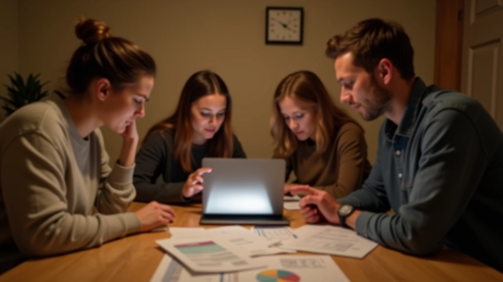 Familie zittend aan tafel met financiële documenten en laptop voor budgetbesprekingen