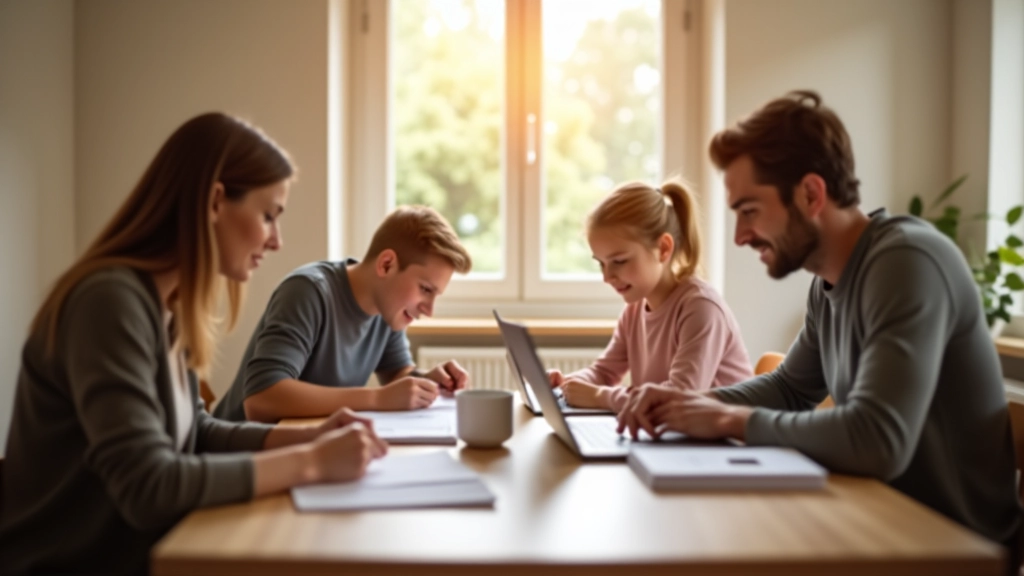 Familie zit aan tafel met laptop en papieren voor gezamenlijke budgetplanning