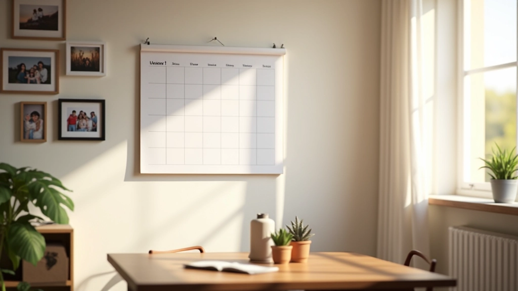 Moderne huiskamer met kalender aan muur waarop doelen zijn genoteerd, familiefoto's ernaast