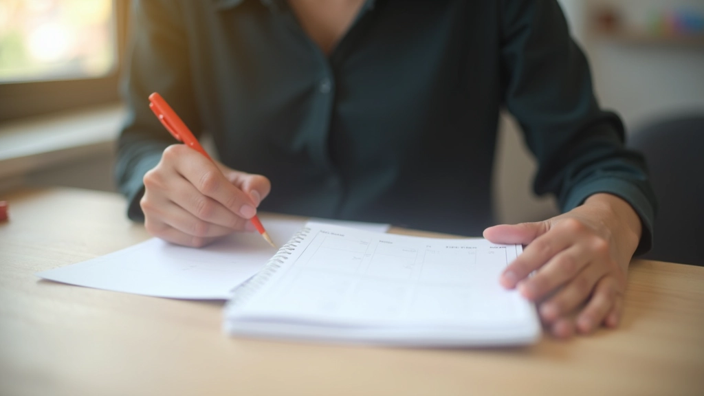 Iemand schrijft aantekeningen in een budget planner met gekleurde pennen