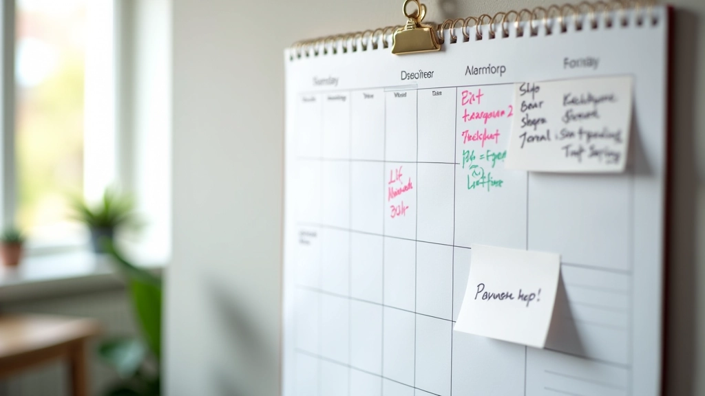 Kalender aan de muur met aantekeningen voor maandelijkse planning en betaaldagen